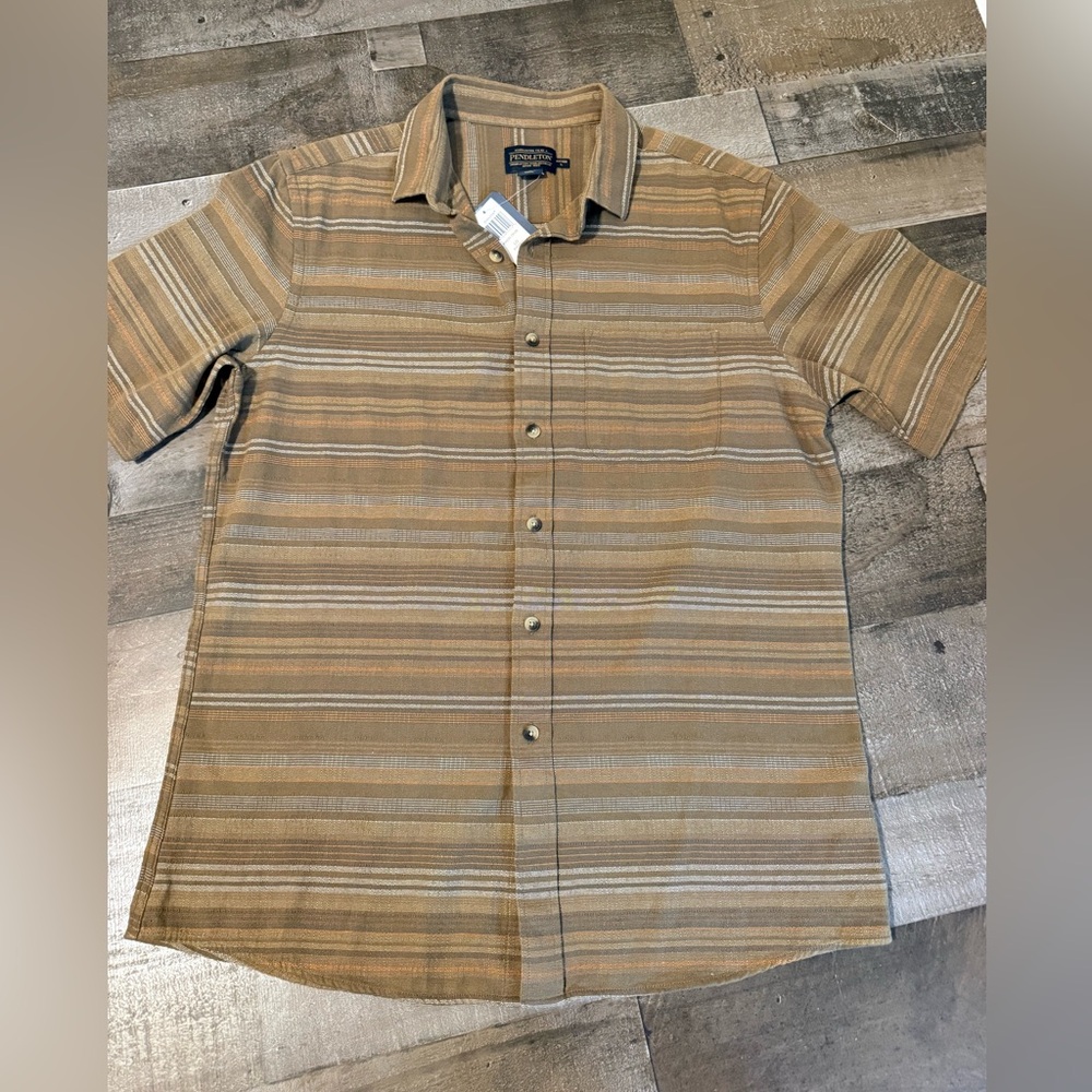 Pendleton Men’s Short Sleeve Button Up top‎ Large Fitted Brown Stripe Cotton NWT